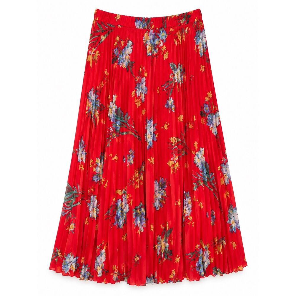 NWT Vince Camuto XL Fireball Red Floral Pleated Midi Skirt Elastic Waist Boho